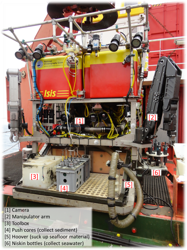 Remotely-Operated Vehicle "ISIS". We will control her high-tech manipulator arms to collect seafloor fossil corals/fauna/sediment at deep ocean.  Photo by: Hong Chin